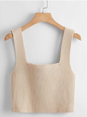Ribbed Square Neck Crop Tank - Beige